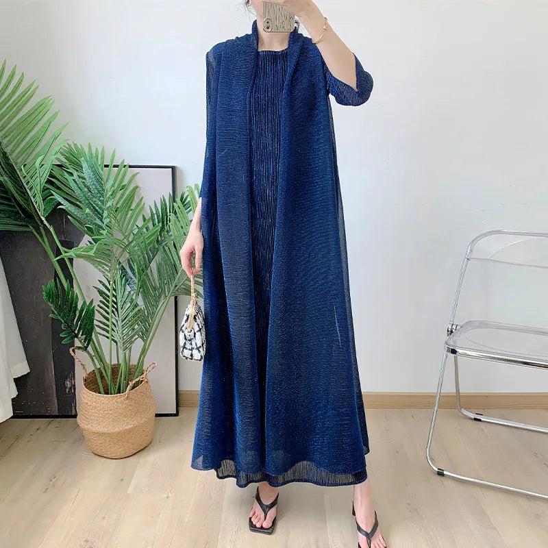 Metallic Pleated Two-Piece Long Dress Set — Casual Loose Ankle-Length Fashion Outfit