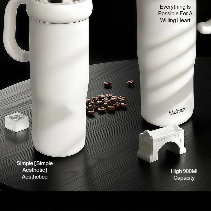 900ml Ceramic Interior Tumbler with Handle & Straw – 201 SS Shell, Dishwasher Safe, 24Hr Cold, Modern Minimalist, 3 Colors