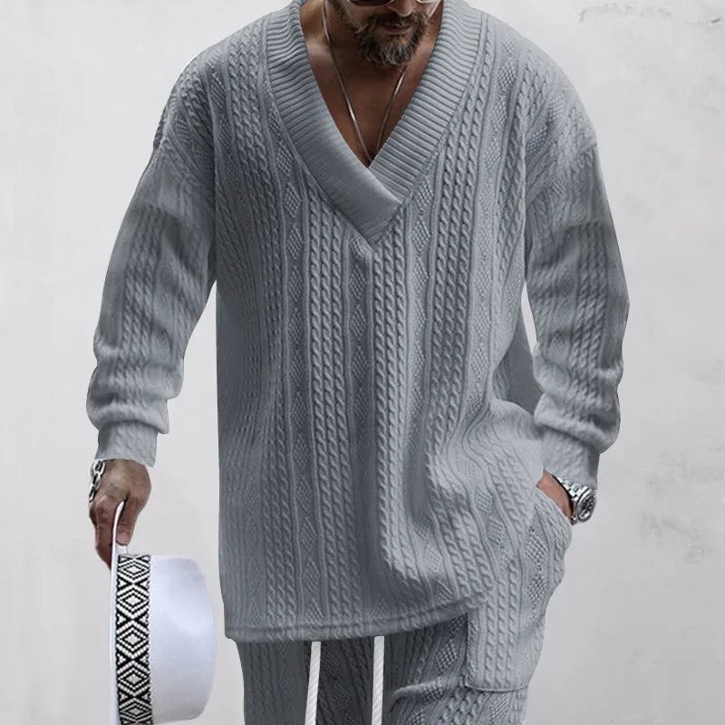 Men's Jacquard Knit Sweater & Casual Trousers Two-Piece Set