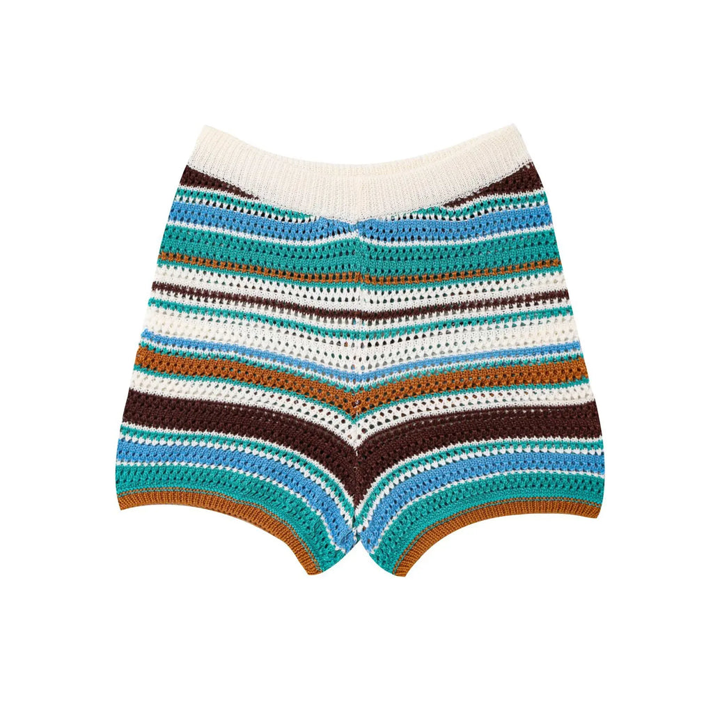 Women's Y2K Crochet Knit Crop Sweater & Shorts Set – Polo Collar Striped Patchwork Hollow Out