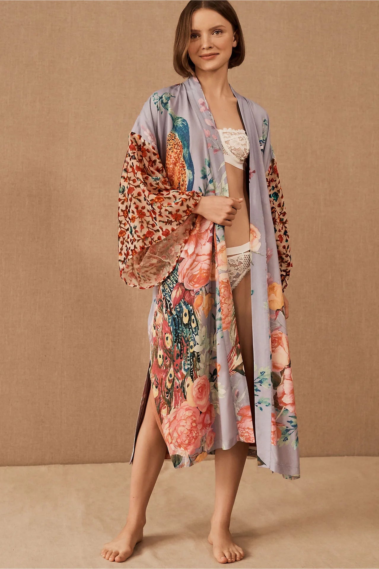Peacock Print Beach Kimono Cover-Up — Self-Belted Wrap Dress Swimsuit Cover