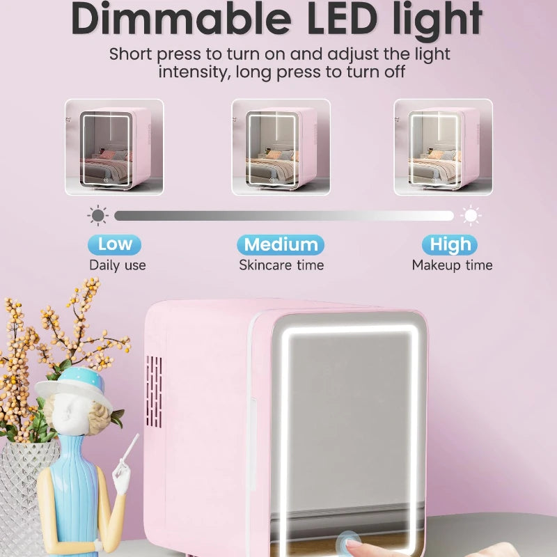 Skincare Fridge with Dimmable LED Light Mirror — 4L Makeup Mini Fridge for Bedroom & Car