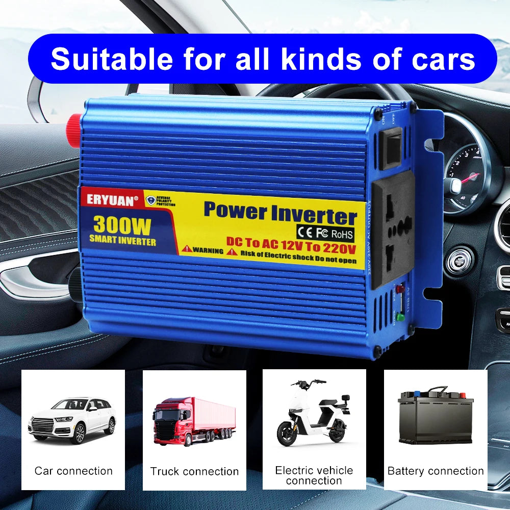 Blue ERYUAN 300W smart power inverter shown mounted against a car dashboard background, with a large blue banner reading 'Suitable for all kinds of cars' and four small connection examples at the bottom.
