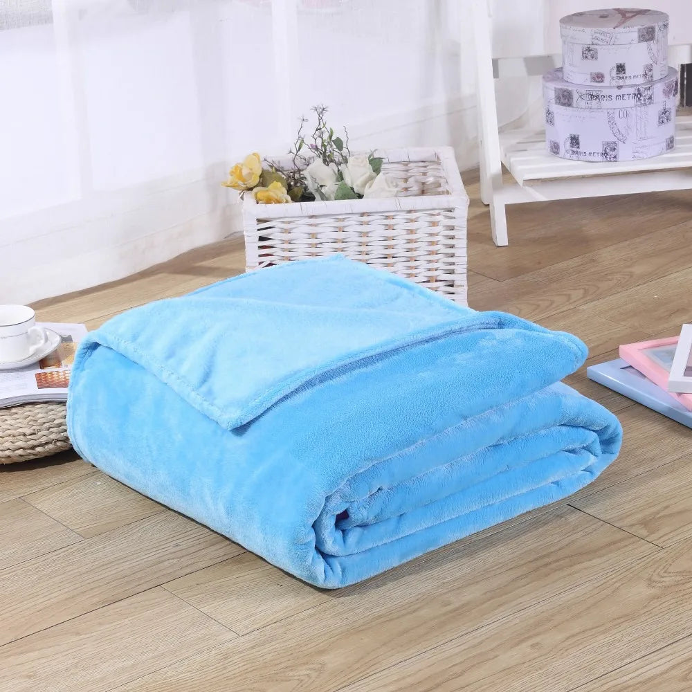 Coral Fleece Flannel Blanket – Solid Blue & Pink Soft Warm Bedspread & Sofa Cover