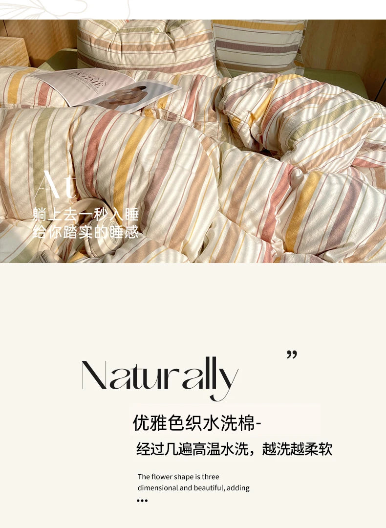 100% Cotton Stripe Bedding Set – Duvet Cover with Pillowcases, Twin to King