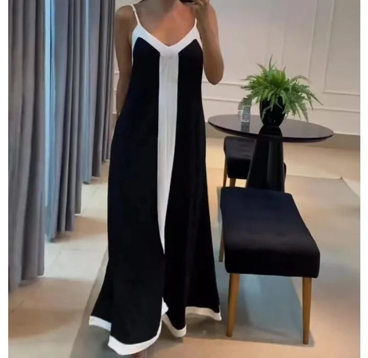 Black & White Contrast V-Neck Sleeveless Loose Long Dress — Elegant Casual Summer Dress