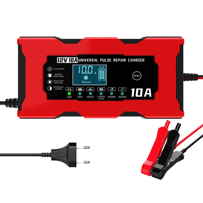 12V 10A Smart Car Battery Charger – LiFePO4 Lead Acid AGM GEL Motorcycle Battery Repair Charger