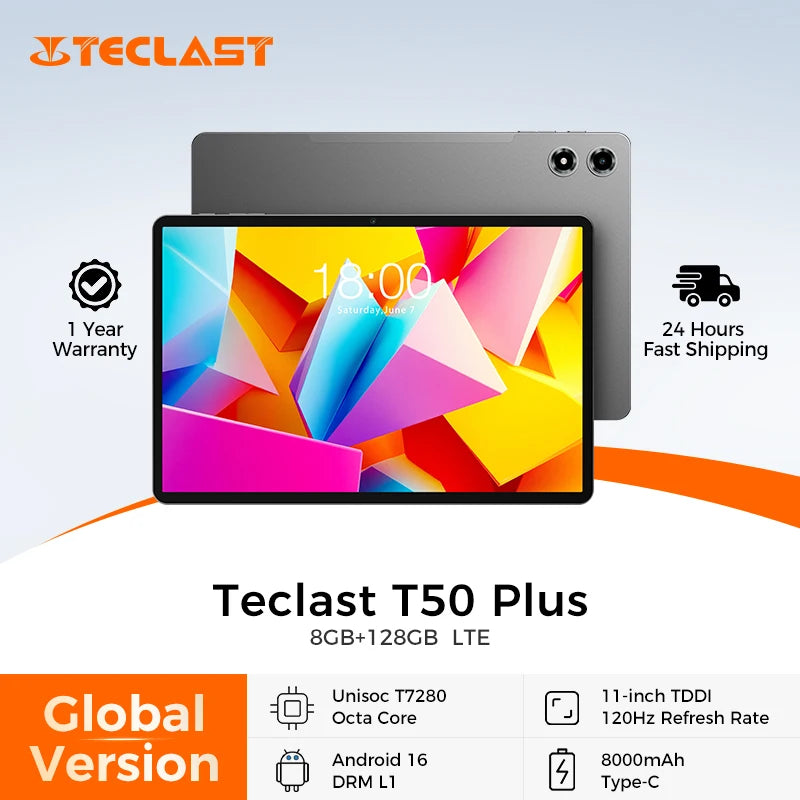 Teclast T50 Plus 11" Android 16 Tablet – 8GB RAM, 128GB, 120Hz, 4G LTE, Widevine L1