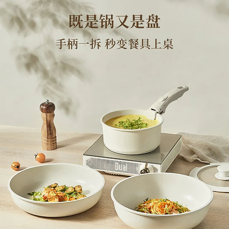 Nonstick Cookware Set – White, Detachable Handle