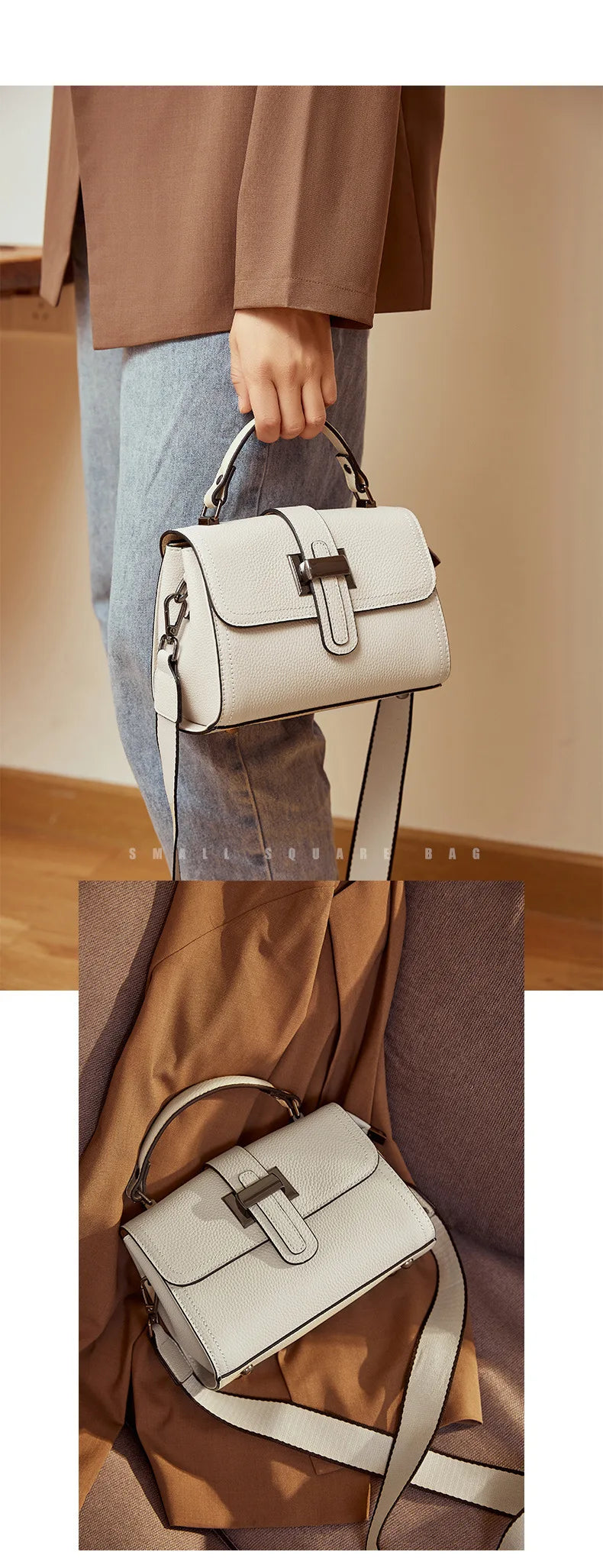 Genuine Cow Leather Square Satchel Shoulder Bag – All-Match Crossbody Messenger Handbag for Women