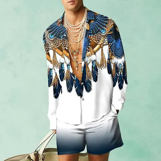 Men's Hawaiian Print Shirt & Drawstring Shorts Beach Vacation Set