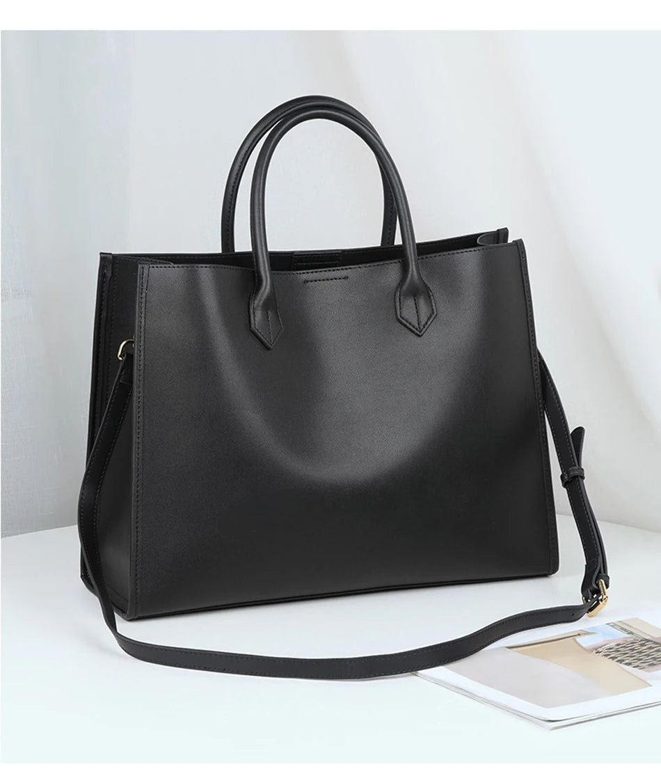 Luxury Cowhide Leather Tote Bag – Large Capacity Shoulder Bag with Laptop Compartment for Women