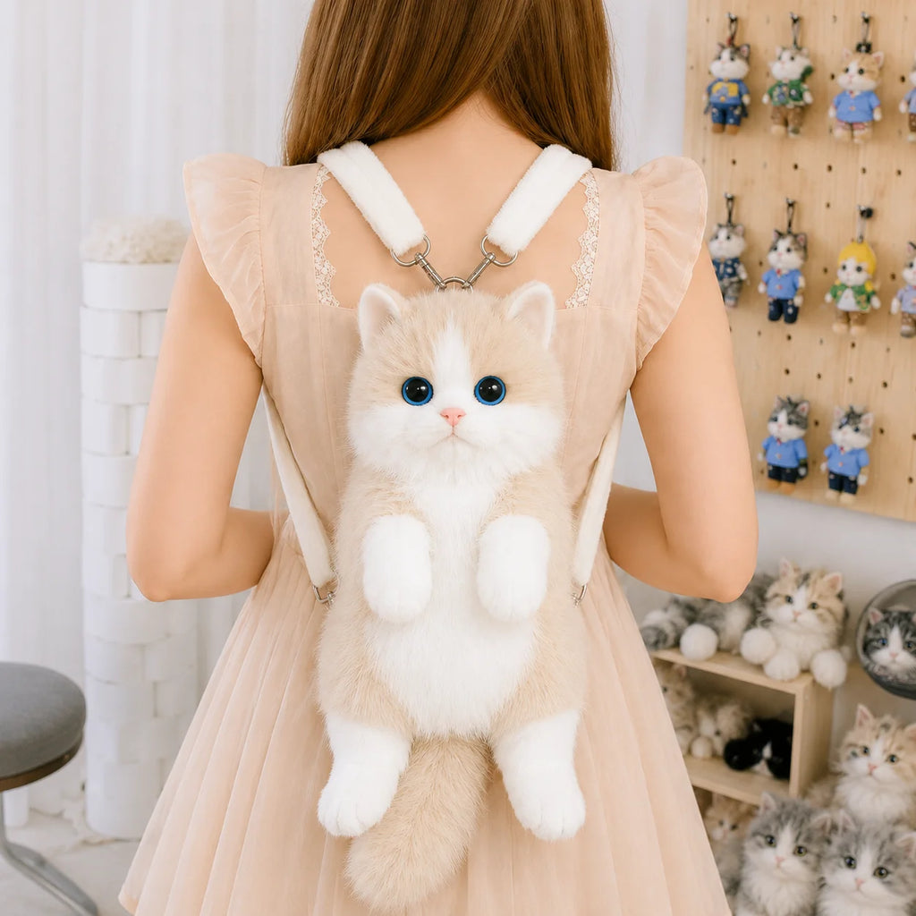 Cute Cat Backpack for Girls, Kawaii Plush Bag, Soft Animal Crossbody Bag for School, Travel & Daily Outfit