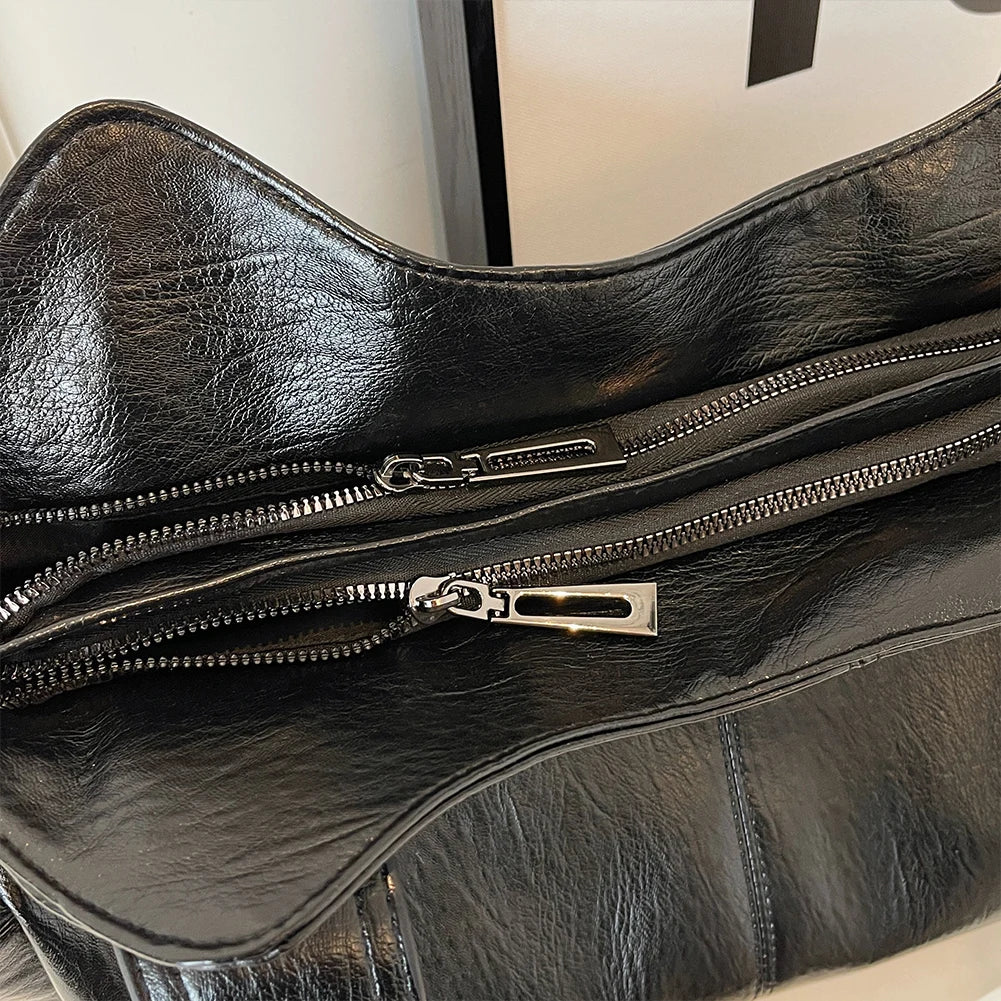 PU Leather Tote Bag with Zipper for Women — Multi-Pocket Shoulder Bag, Retro Crossbody Handbag