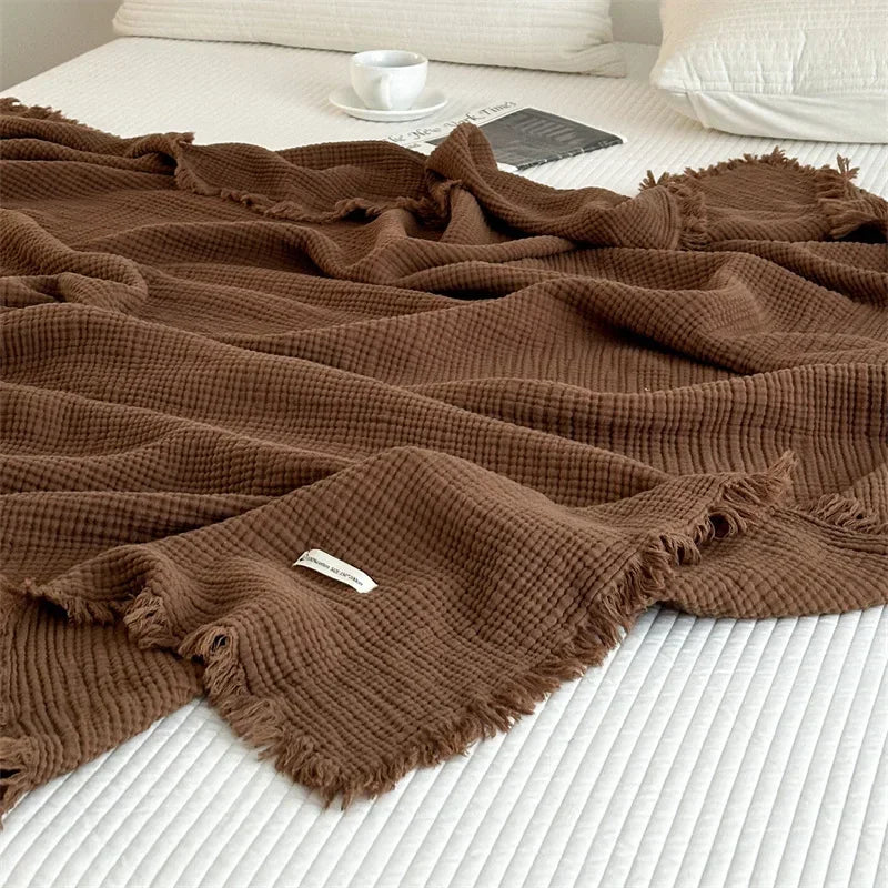 100% Cotton Tassel Blanket – Skin-Friendly Plaid Sofa Throw & Bed Shawl, Solid Color