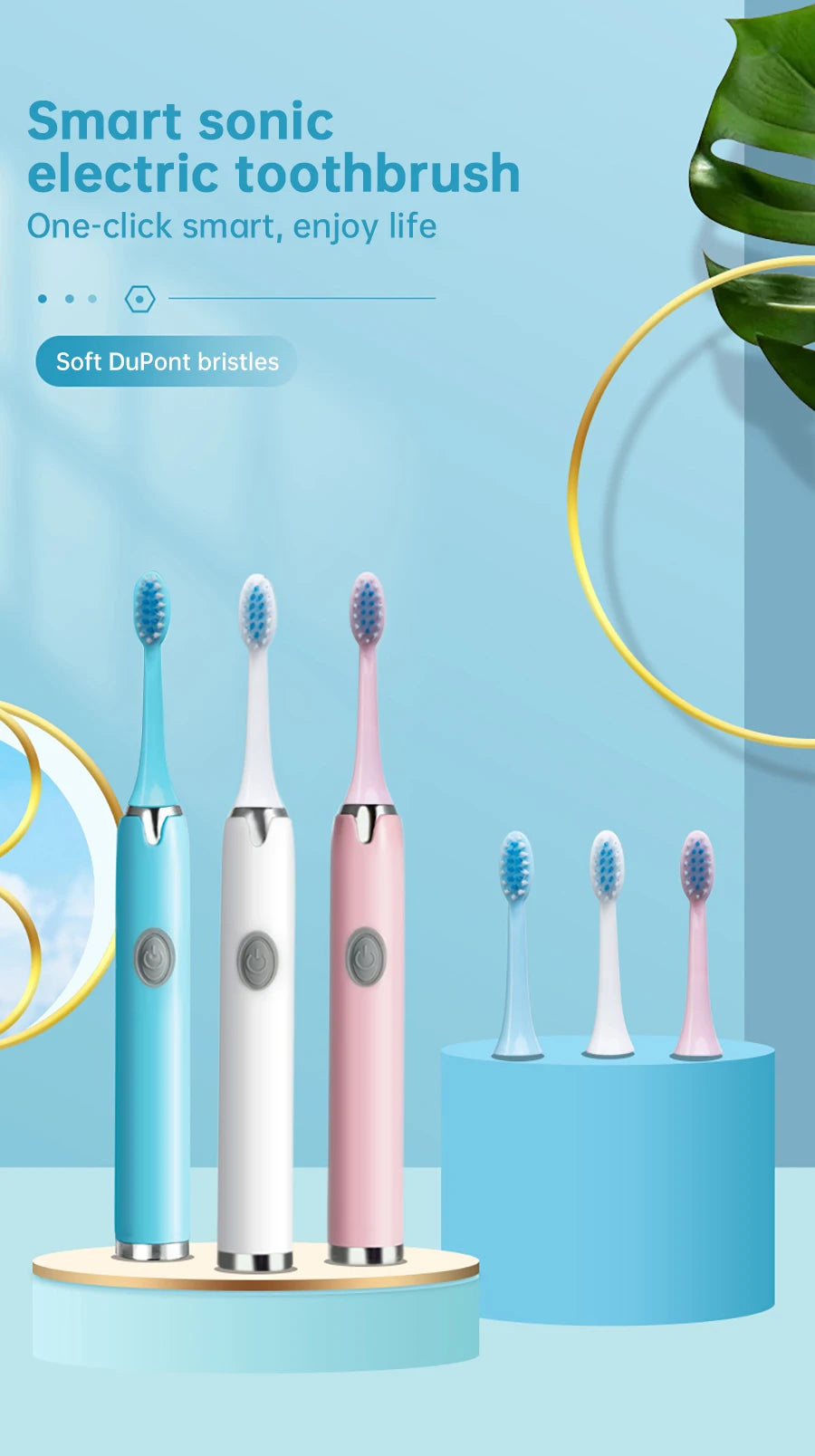 Tongwode Sonic Electric Toothbrush – IPX7 Waterproof, Soft Bristle, 3 Modes, Replaceable Heads