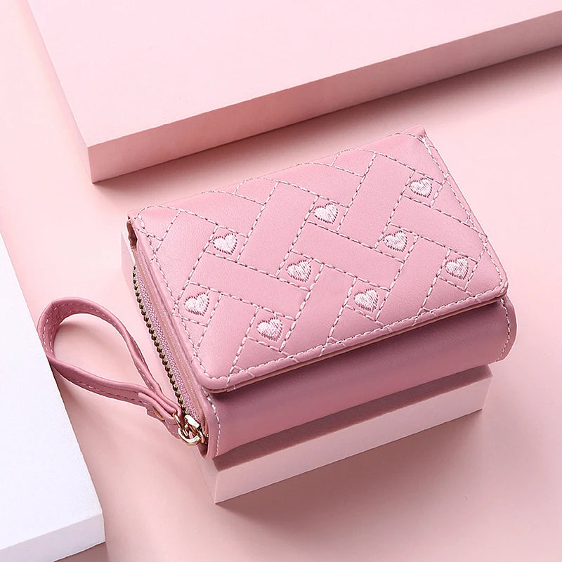 Embroidered Love Pattern Tri-Fold Women's Wallet — Korean Minimalist PU Card Bag