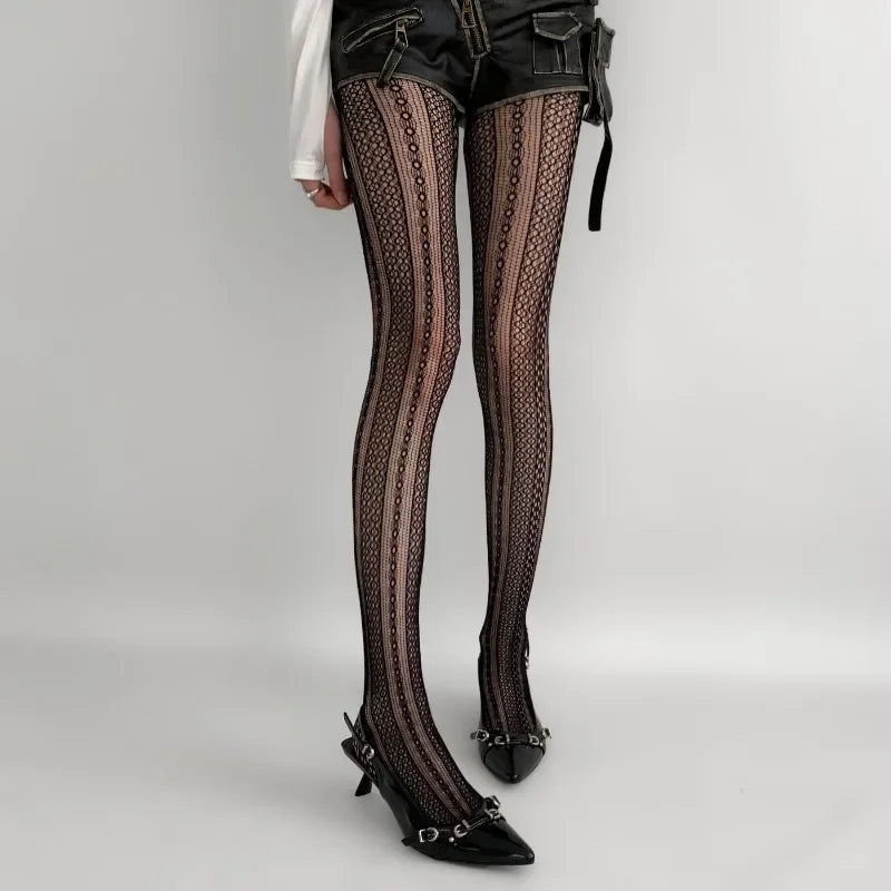 Gothic Fishnet Pantyhose – Ripped Lace Silk Stockings Y2K Punk Hollowed-Out Retro Tights