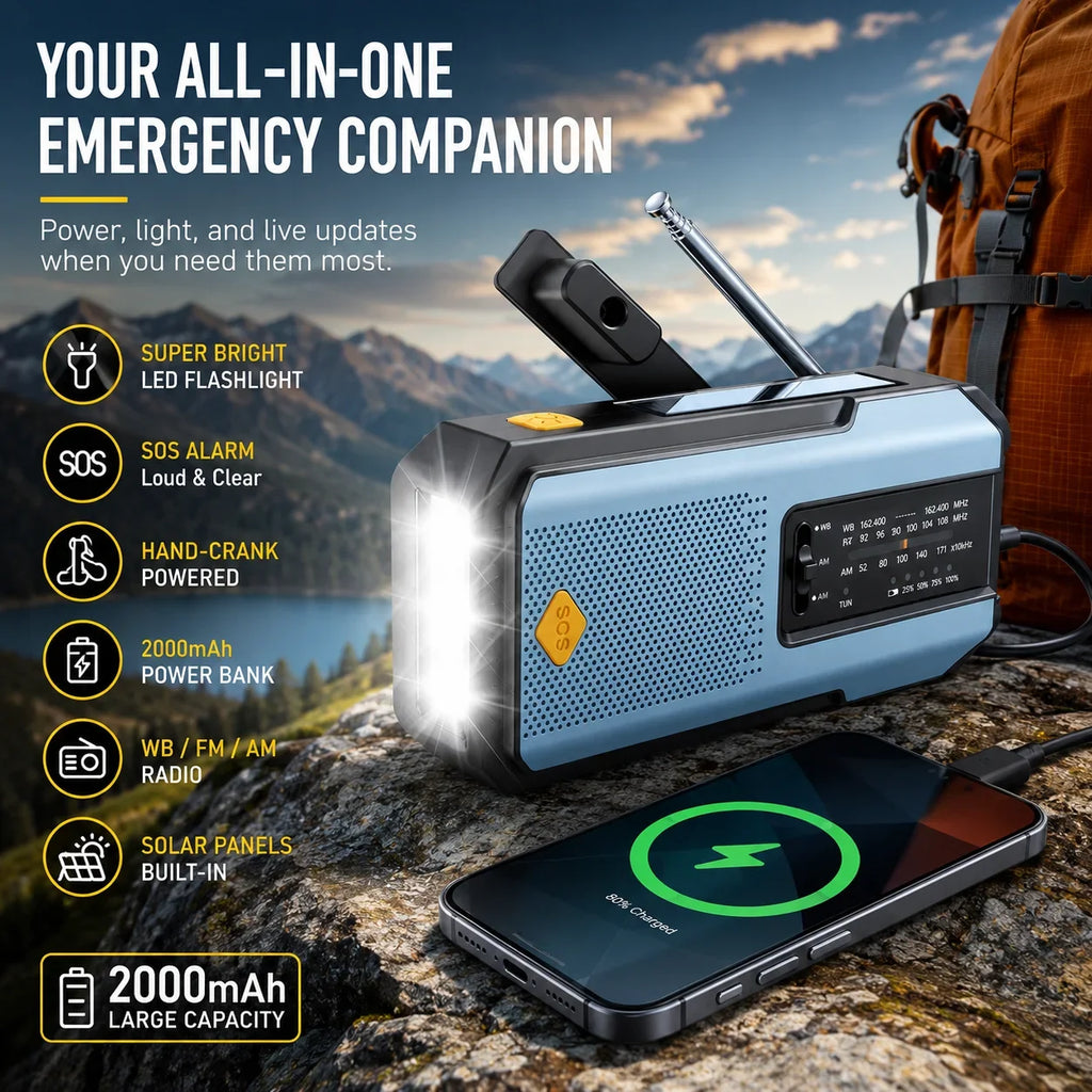 Emergency Weather Radio — FM/AM/WB, Hand Crank Solar, 2000mAh Power Bank & LED Flashlight
