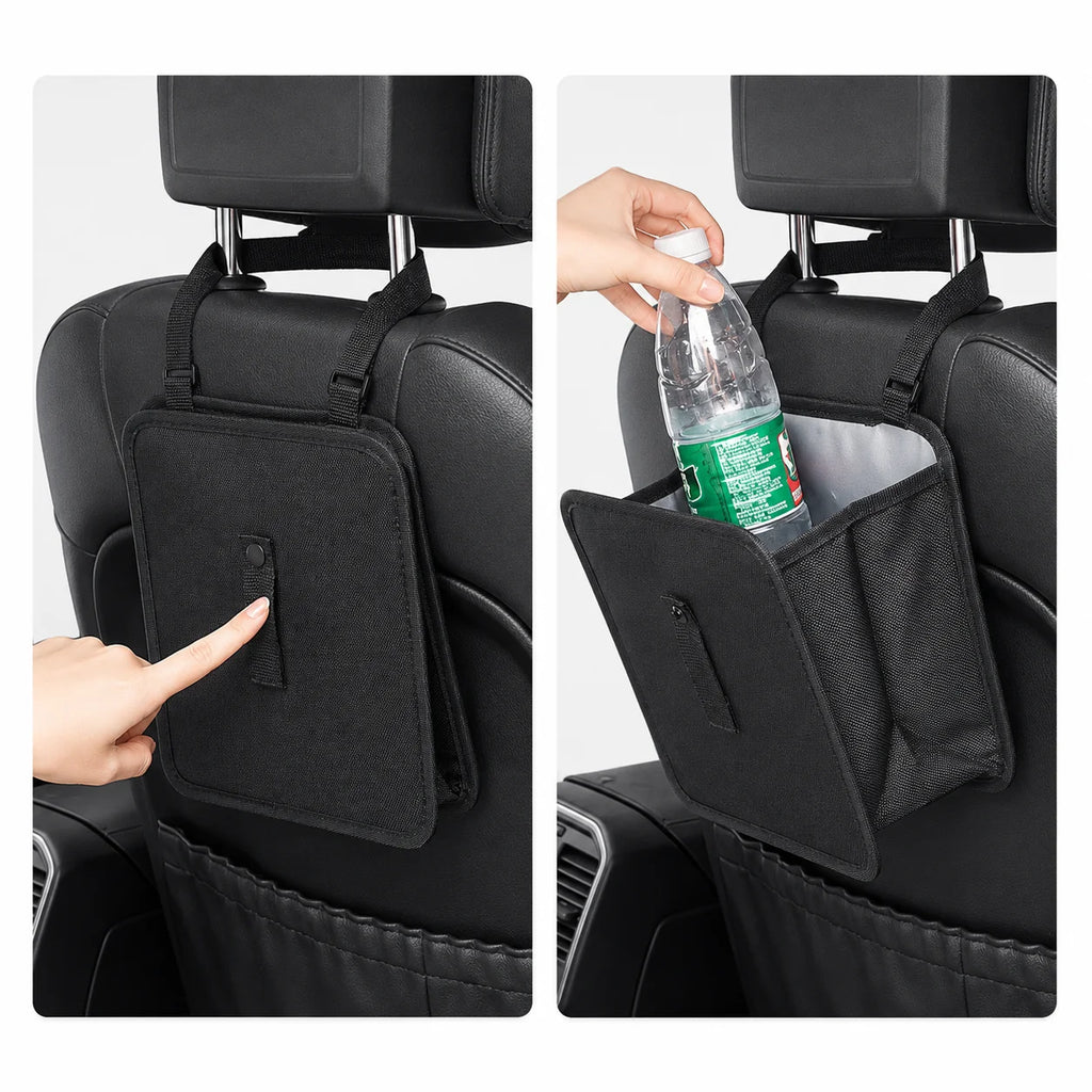 A black car seat organizer pouch shown attached to a headrest in a two-panel demonstration. The left panel shows a hand pointing to the front flap, and the right panel shows a hand placing a water bottle into the side pocket.