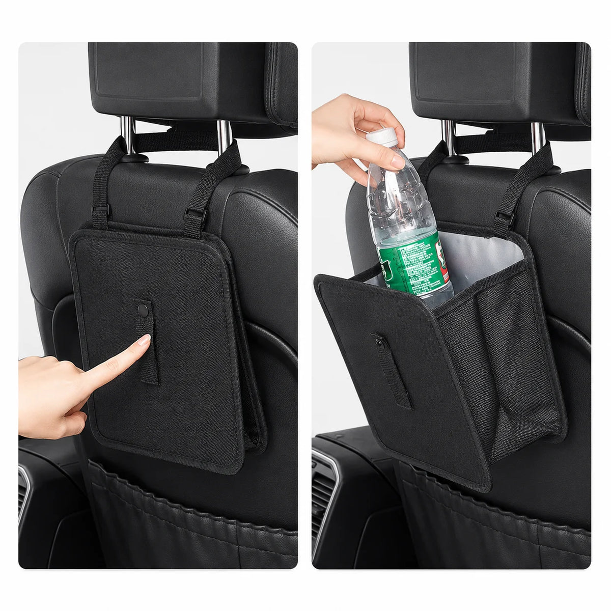 A black car seat organizer pouch shown attached to a headrest in a two-panel demonstration. The left panel shows a hand pointing to the front flap, and the right panel shows a hand placing a water bottle into the side pocket.