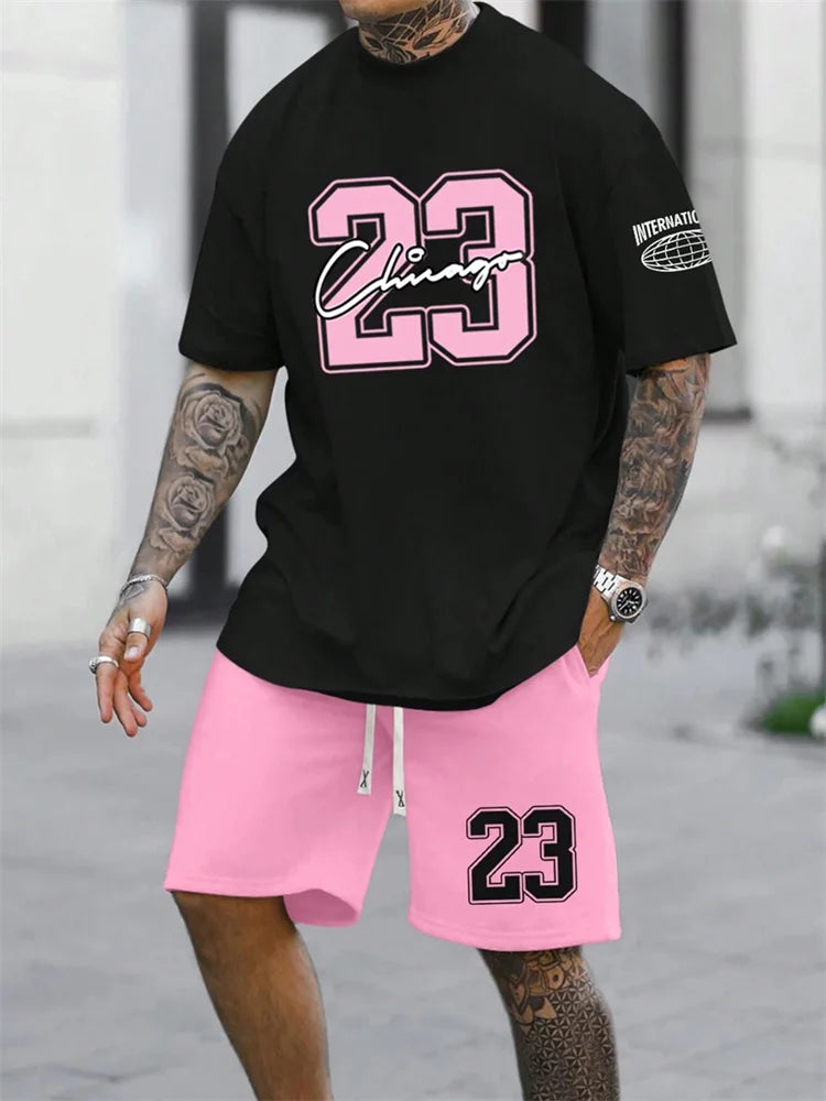 Men's Digital Print Crewneck T-Shirt & Drawstring Shorts Set