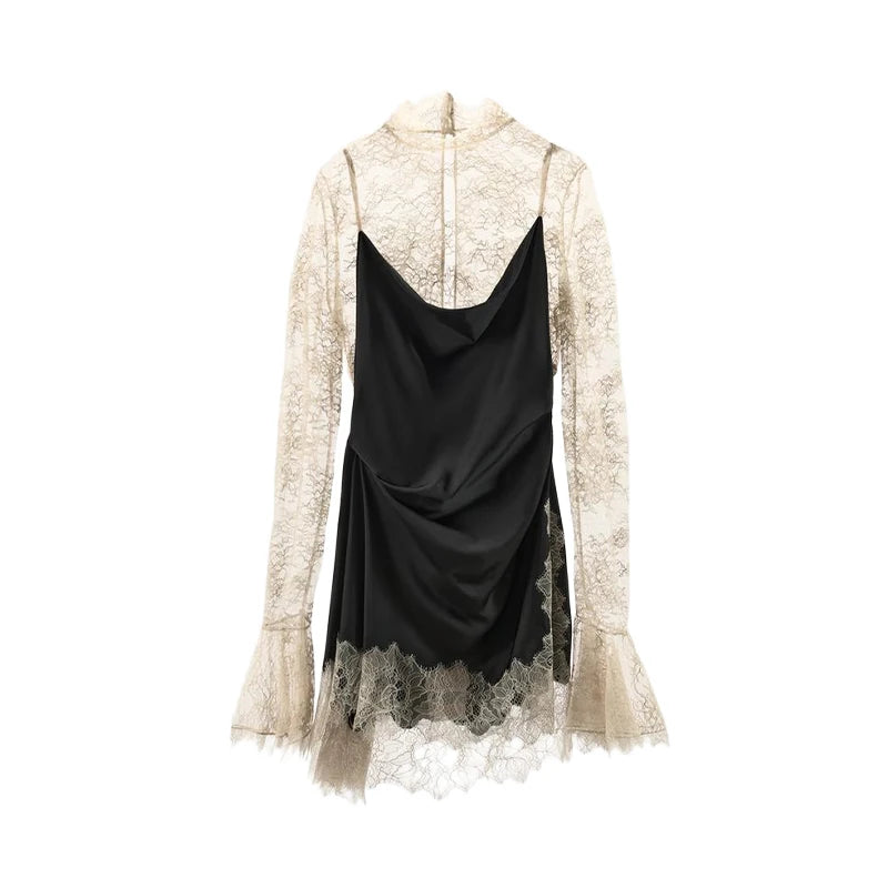 Lace Trim Satin Mini Dress — High Neck Color Block Y2K Party Clubwear