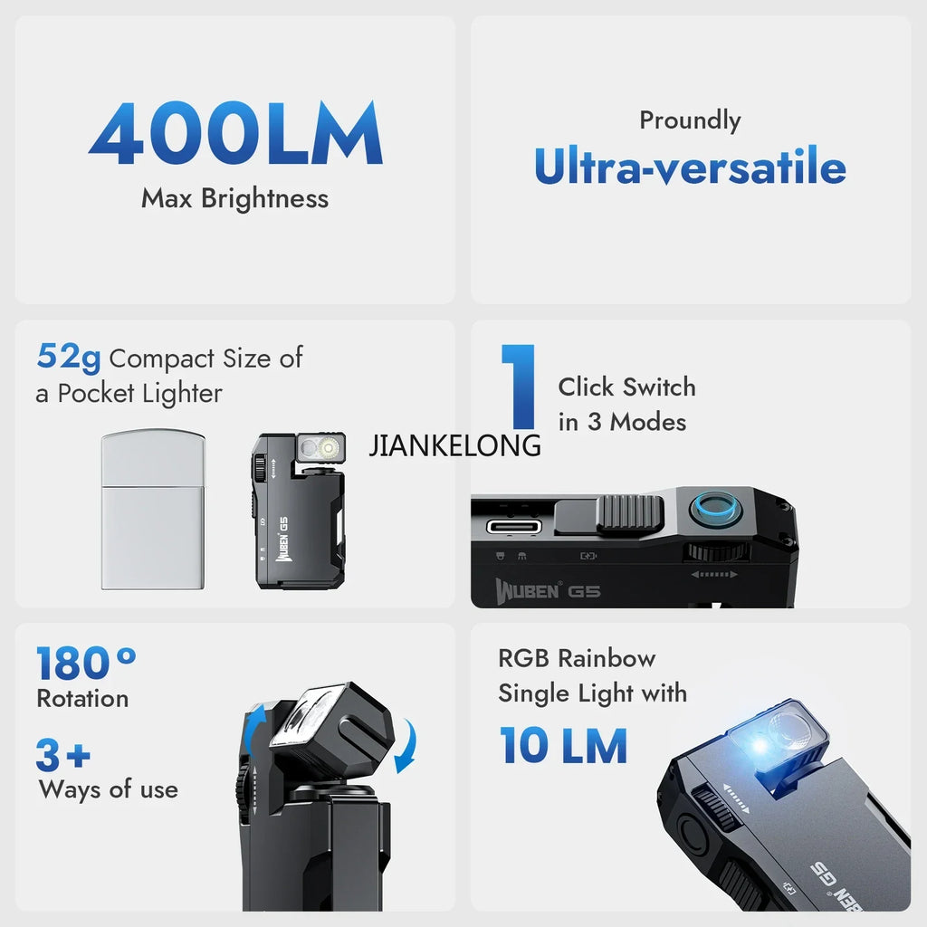 WUBEN G5 EDC Flashlight – 400 Lumens Dual Light Sources with RGB Light & Portable Pocket Design