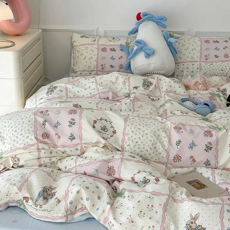 Vintage Floral Duvet Cover Set – Korean Ins Style Bedding Kit with Flat Sheet & Pillowcases, Single to Queen