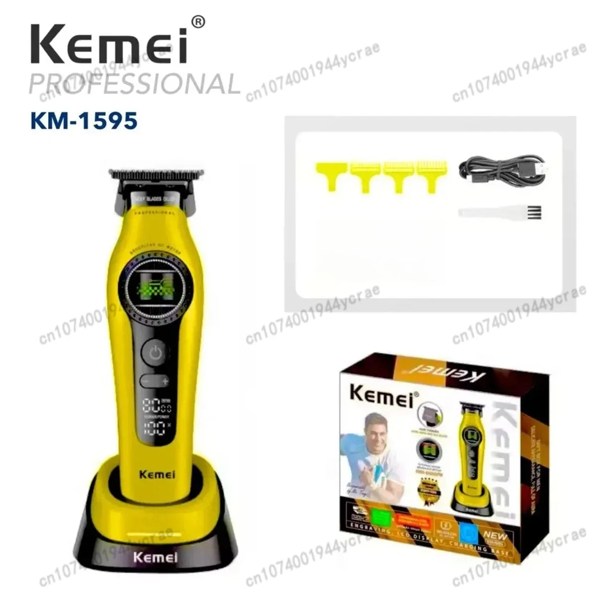 Kemei KM-1593 / KM-1595 Brushless Hair Clipper – DLC Blade, 8000 RPM, 200-Min Runtime, USB-C