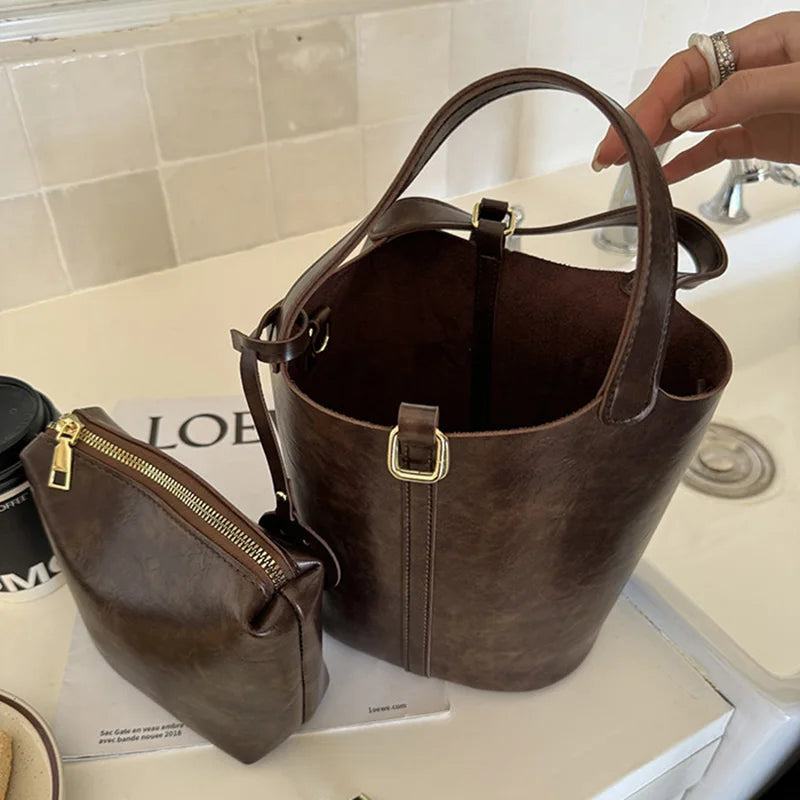 PU Leather Lock Bucket Crossbody Shoulder Bag – Fashion Designer Tote Handbag for Women