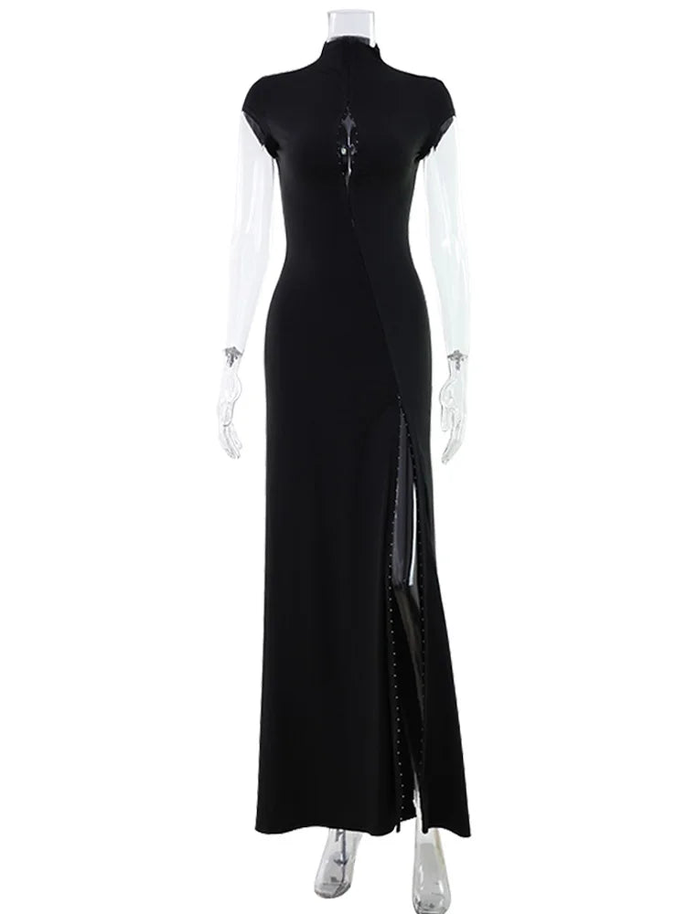 Metal Buckle Sheath Dress — Short Sleeve O-Neck Bodycon Evening Dress