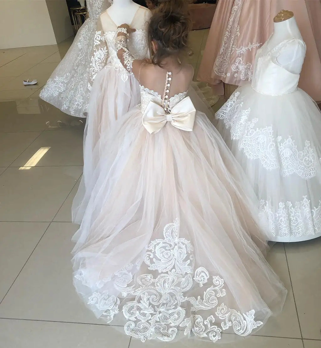 Long Sleeve Flower Girl Dress — White Lace Tulle First Communion & Bridesmaid Dress