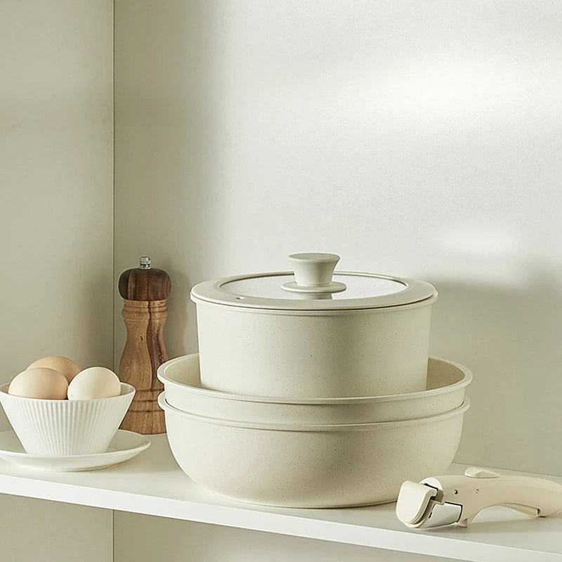 Nonstick Cookware Set – White, Detachable Handle