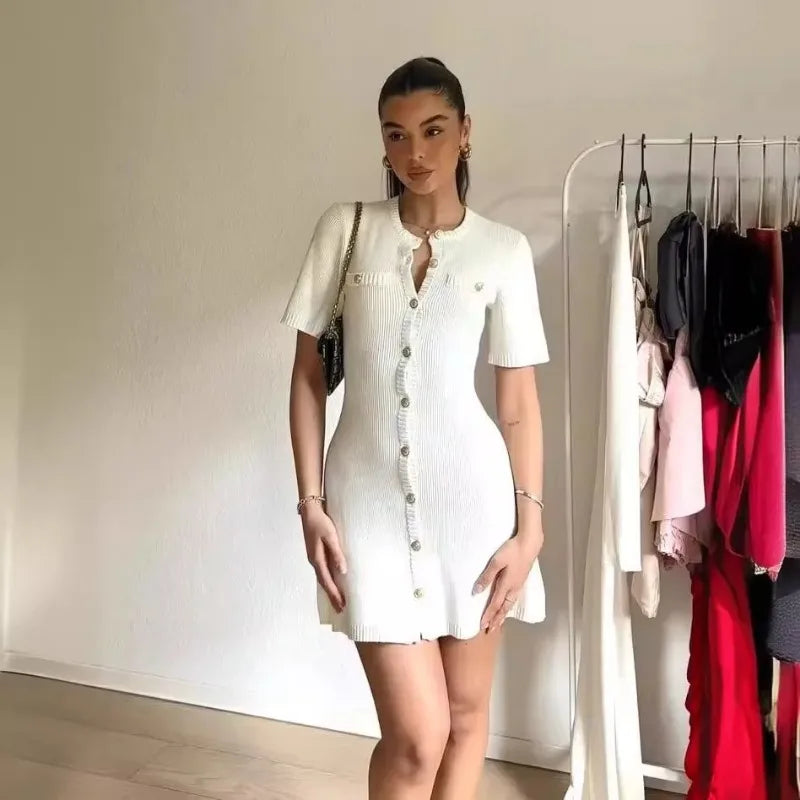 Elegant Knit Rib Mini Dress — High Waist Short Sleeve Bodycon Sweater Dress