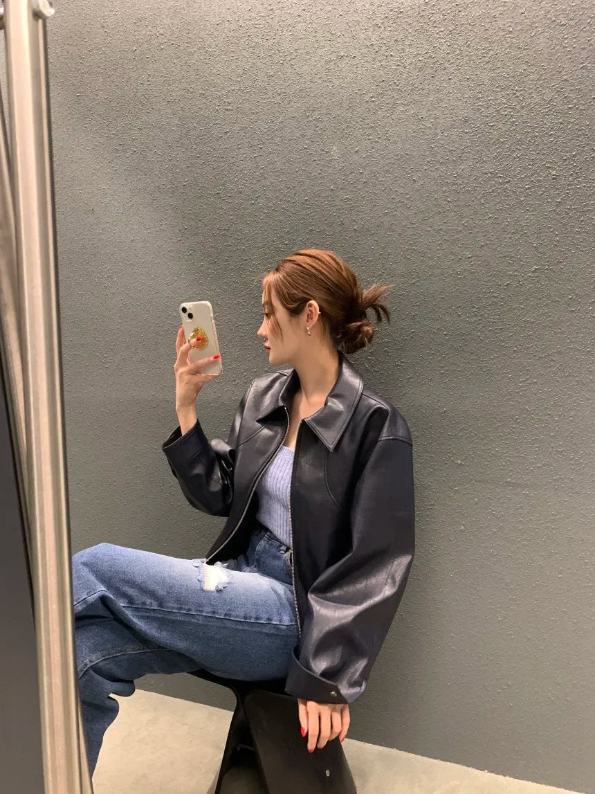 Women's Cropped Faux Leather Jacket – Lapel Zip Front