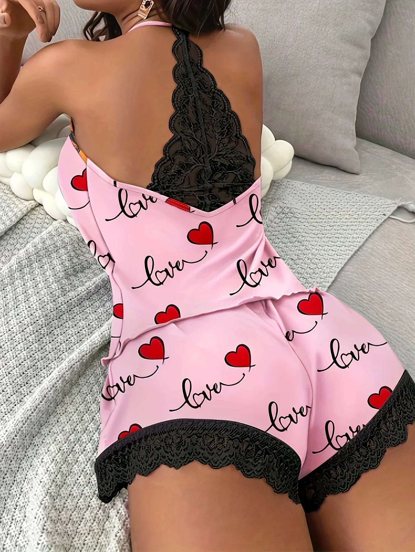 Solid Lace Backless Pajama Set — Sleeveless V-Neck 2-Piece Sleepwear