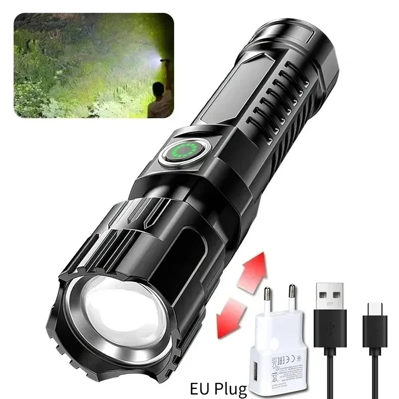 Zoomable LED Flashlight – USB-C Rechargeable, 3 Modes, Waterproof, 8–12hr Runtime for Camping & Hunting