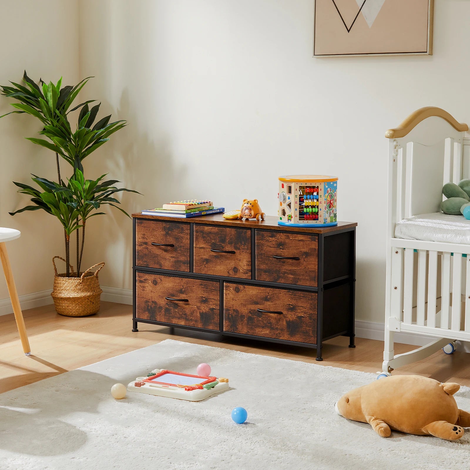 5-Drawer Fabric Dresser with Wooden Top & Metal Frame — Bedroom & Living Room Storage