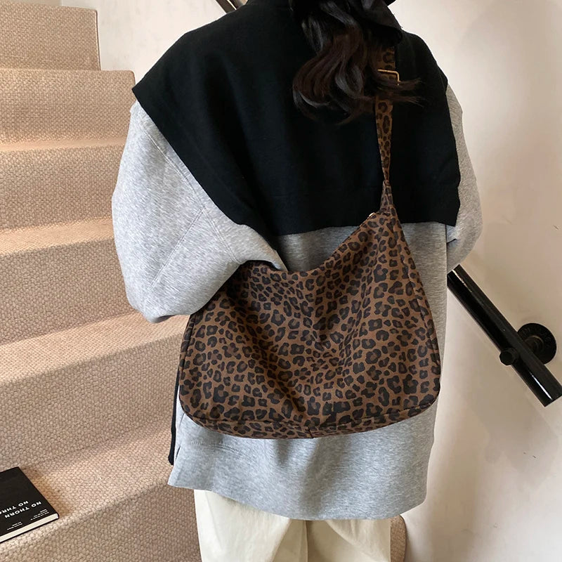 Leopard Print Crossbody Bag – Large Capacity Retro Soft Textile Shoulder Bag for Women
