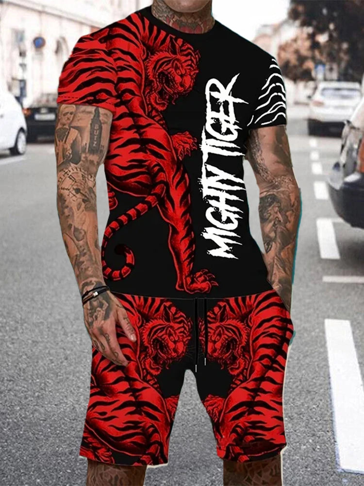 Men's Lion King 3D Print T-Shirt & Drawstring Shorts Set – Casual Outdoor Camping 2-Piece
