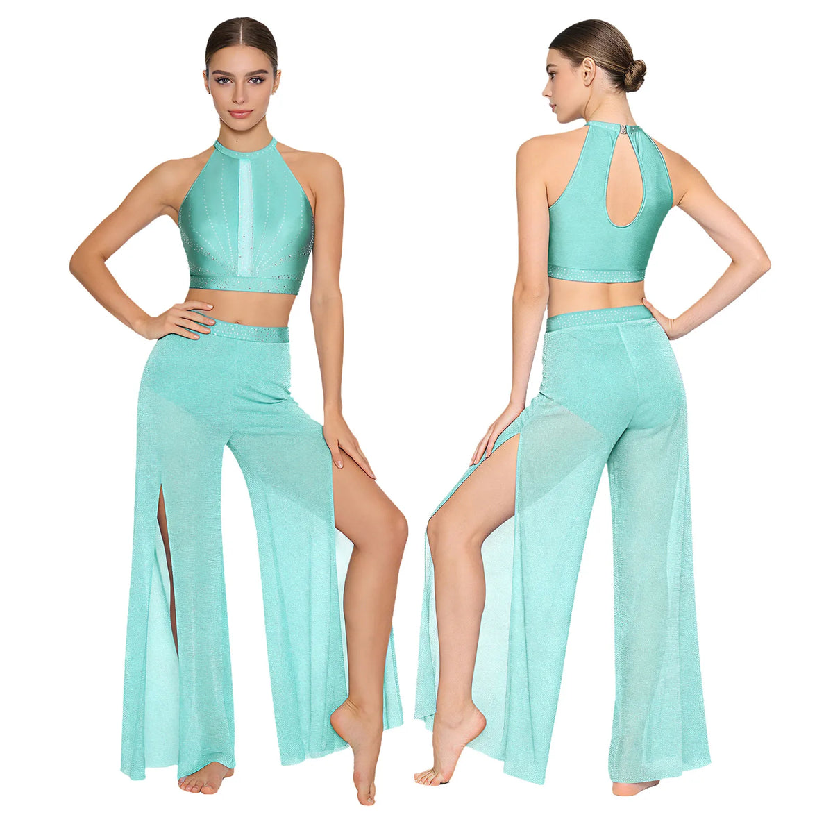 Women's Dance Performance Costume – Shiny Crop Top & Sheer Pants for Skating, Gymnastics & Ballet