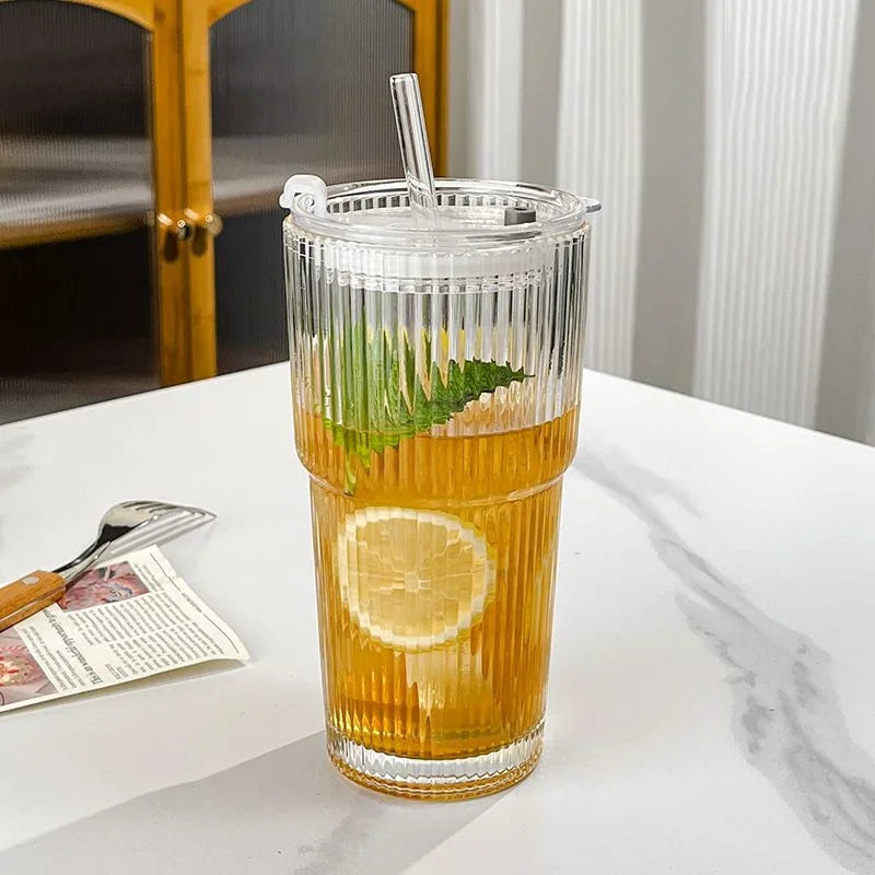 600ml Striped Borosilicate Glass Cup with Lid & Straw – Clear Iced Coffee & Smoothie Glass, CE Certified