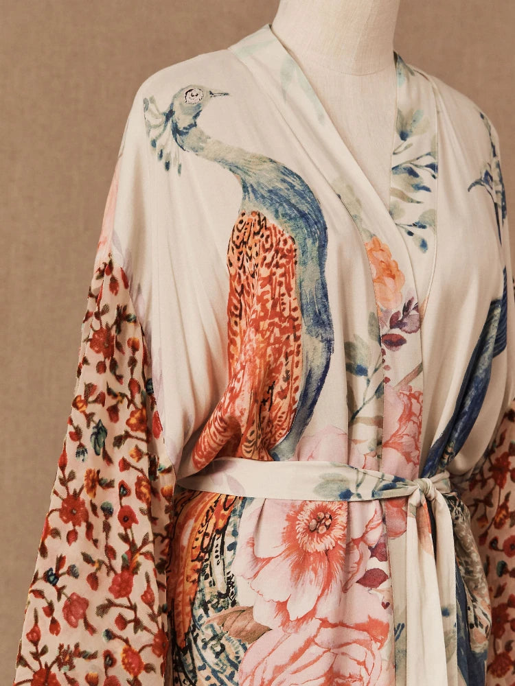 Peacock Print Beach Kimono Cover-Up — Self-Belted Wrap Dress Swimsuit Cover