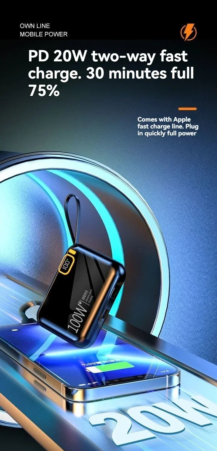 66W Portable Mini Power Bank 20000mAh – Built-in Cable, PD Fast Charging for iPhone & Android