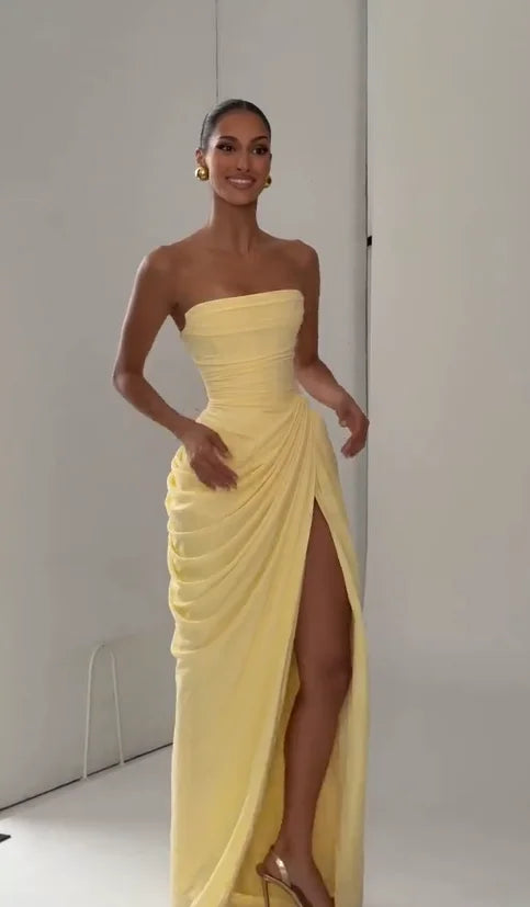 Strapless Pleated Evening Gown — Off-Shoulder Backless High Waist Split Dress