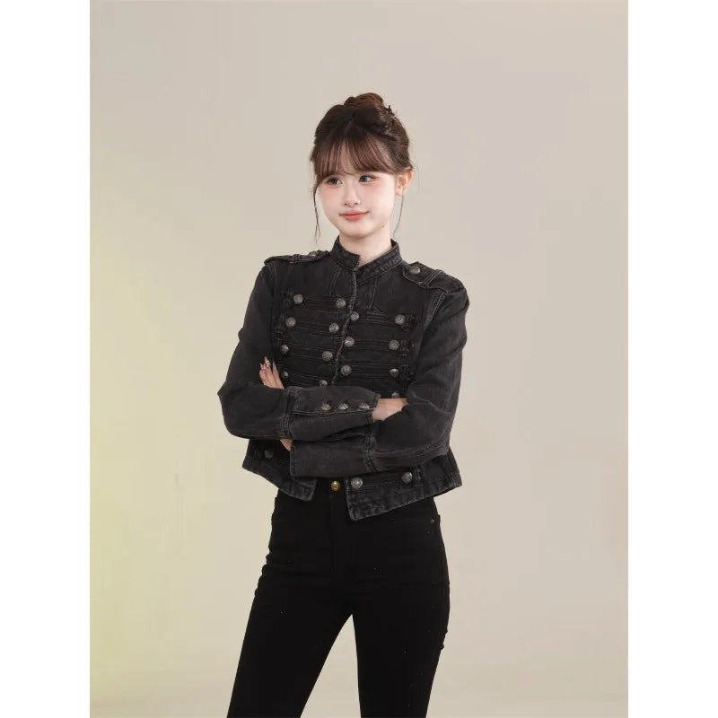 Women's Retro Button Slim Stand Collar Denim Jacket – Short Jean Coat in Black