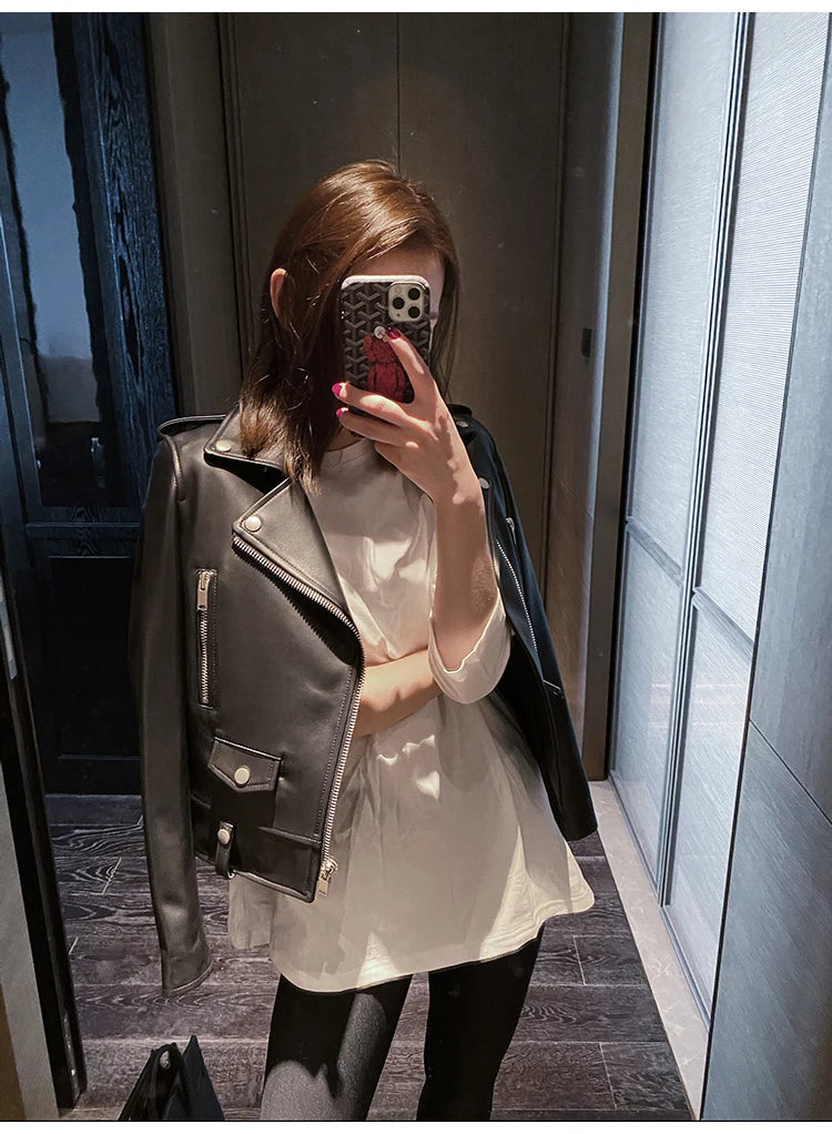 Women's Sheepskin Leather Jacket – Cropped Moto Style