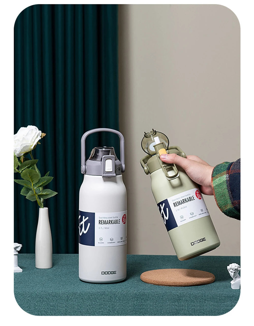 DODGE Large Capacity Vacuum Thermos Bottle with Straw – 1300ml/1700ml, 6–12Hr Insulated, CE/CIQ, 7 Colors