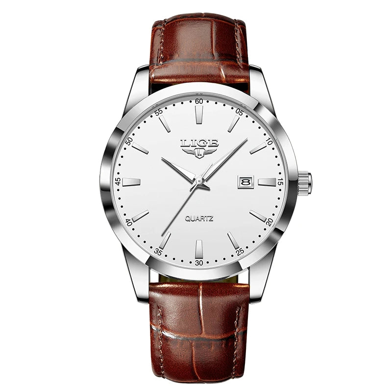 LIGE Men's Brown Leather Chronograph Watch | Military Sport Casual Waterproof Quartz Wristwatch